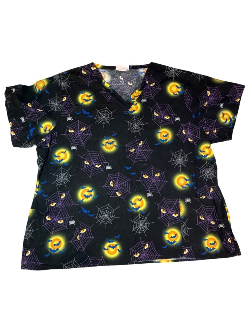 Halloween Themed Allheart Scrub Top With Spiderweb and Bat Print